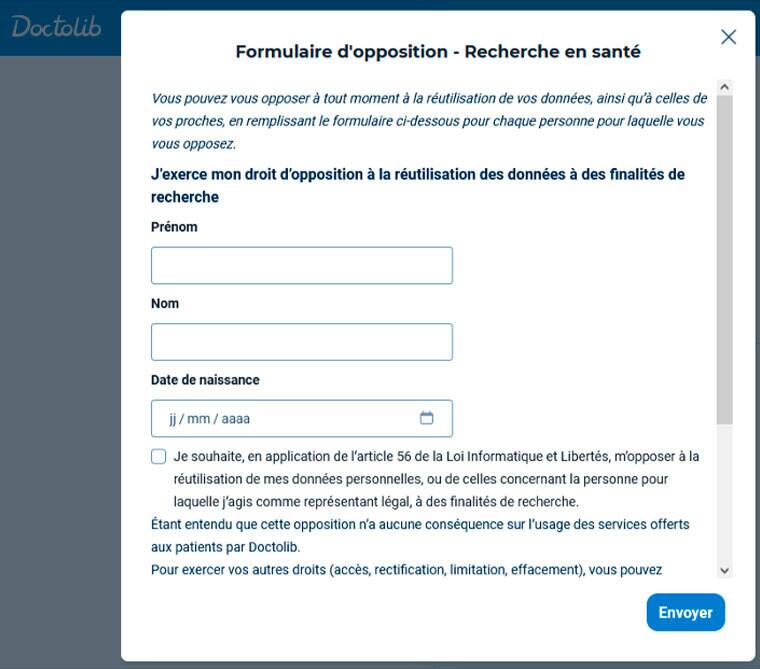 Le formulaire d’opposition proposé par Doctolib. Image
