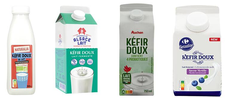 Quelques exemples de kéfirs doux actuellement commercialisés. Quelques exemples de kéfirs doux actuellement commercialisés.